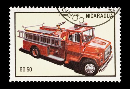 mail stamp printed in Nicaragua featuring an emergency fire truck