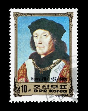 mail stamp printed in North Korea featuring historical British monarch Henry VII, circa 1984のeditorial素材