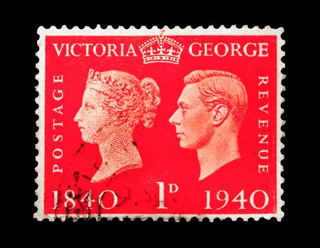 vintage mail stamp printed in the UK commemorating a 100 year period of the British monarchy, circa 1940のeditorial素材