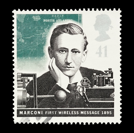 mail stamp printed in the UK featuring Marconi's first wireless transmissionのeditorial素材