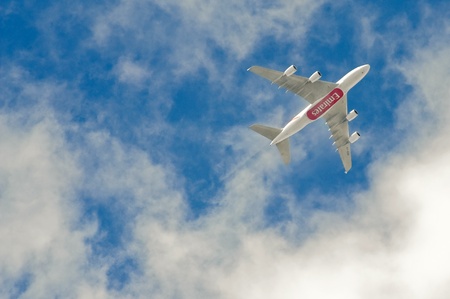 Gatwick, United Kingdom - 14 May, 2011: Emirates Airbus A380 flying at about 1000 meters just after take-off from Gatwick International Airport near London, UKのeditorial素材
