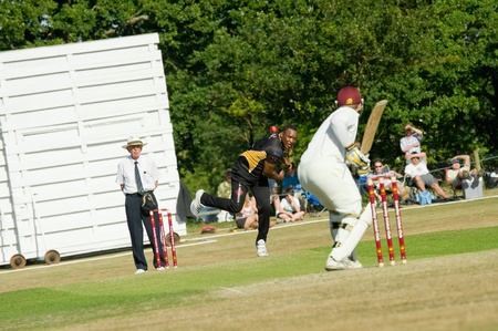 Eversley, UK - 3 June, 2011: England cricket legend Devon Malcolm bowling for the Lashings World XI at a charity pro-am event in Eversley, UKのeditorial素材