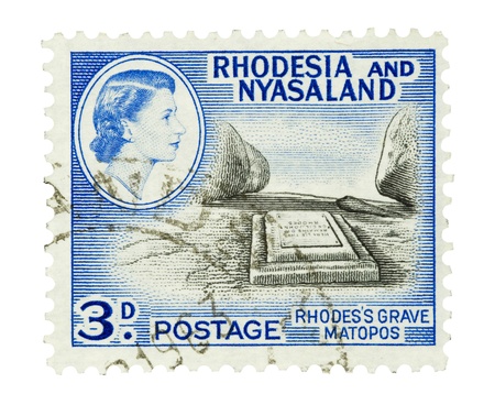 mail stamp printed in the former African state of Rhodesia featuring the grave of founding political statesman, Cecil Rhodes, circa 1959のeditorial素材
