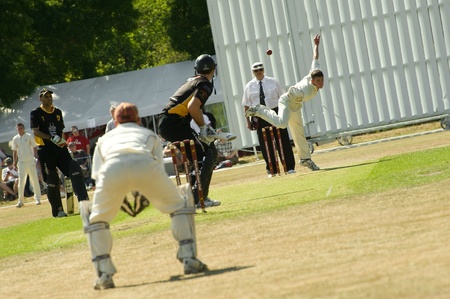 Eversley, United Kingdom - June 3, 2011: Local village team bowling against the mighty Lashings World XI at a charity pro-am event in Eversley, UKのeditorial素材