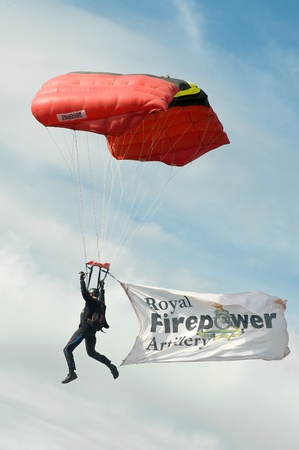 Santa Pod Raceway, UK - Oct  29, 2011: A member of the British military Black Knights parachute...