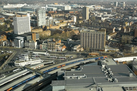 Portsmouth, UK - February 1, 2012: Aerial view over the transport hub and city buildings of Portsmouth UKのeditorial素材