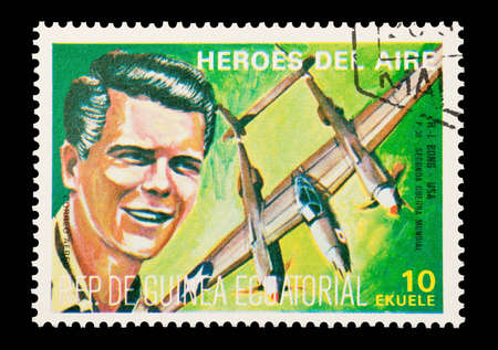 Mail stamp printed in Equatorial Guinea featuring WW2 military fighter ace Richard Bong, circa 1974