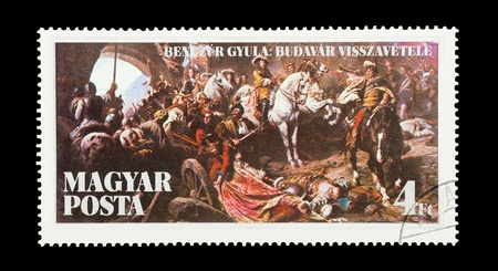 Hungary - circa 1986: Large mail stamp printed in Hungary featuring the historical painting, The Recapture of Buda Castle by Gyula Benzcur.のeditorial素材