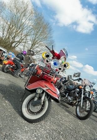 Farnborough, UK - April 6, 2012: Retro Vespa scooter on display at the annual Wheels Day auto and bike show.のeditorial素材