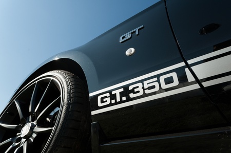 Farnborough, UK - April 6, 2012: Shelby Ford Mustang GT 350 muscle car on display at the annual...