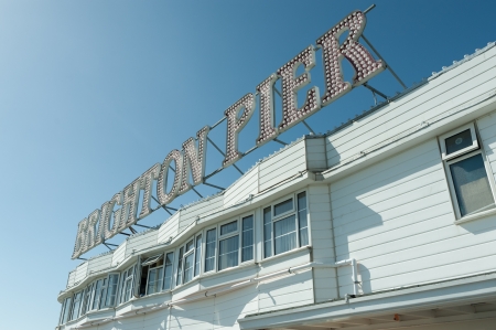 Brighton, UK - April 2, 2012: Lightbulb sign in daylight on Brighton Pier, one of the top seaside tourist attractions in the UKのeditorial素材