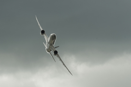 Farnborough, UK - July 11, 2012: The newly unveiled Boeing 787 Dreamliner in Qatar Airways livery...
