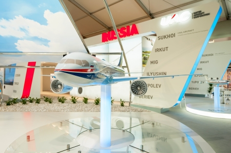 Farnborough, UK - July 12, 2012: The United Aircraft Corporation (UAC) exhibition stand representing...