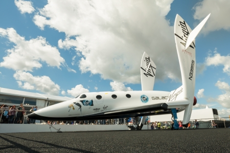 Farnborough, UK - July 15, 2012: The futuristic Virgin Galactic reuseable, sub-orbital spacecraft on...