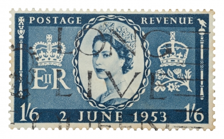 Queen Elizabeth II mail stamp printed in the UK to celebrate her coronation to the throne on June 2, 1953のeditorial素材
