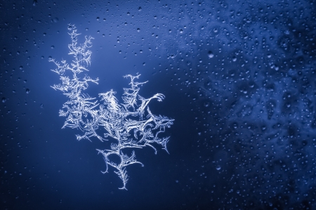 blue toned ice crystals forming on wet glassの写真素材