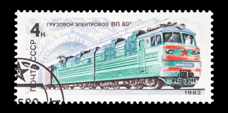 Mail stamp printed in the former Soviet Union featuring an electrified locomotive train, circa 1982のeditorial素材