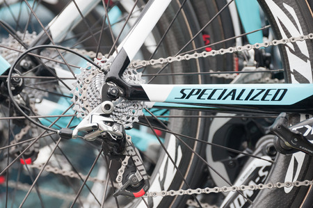 Camberley, UK - September 13, 2014: Gearing detail on an Omega Pharma Quick-step team bike before a...