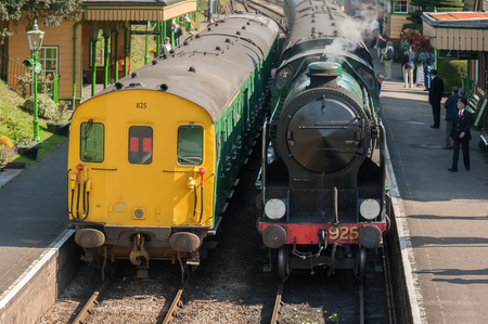 Ropley, UK - 19 September, 2015: Vintage diesel and steam locomotives at the Mid-Hants Watercress Railway station of Ropley, UKのeditorial素材