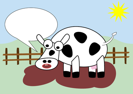 cartoon cow in a muddy farmyard with blank text bubbleの写真素材