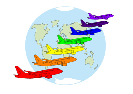 rainbow aircraft flying over the earthのイラスト素材