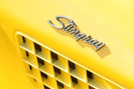 Rushmoor, UK - March 25, 2016: Vehicle badge closeup of a Corvette Stingray muscle car.のeditorial素材