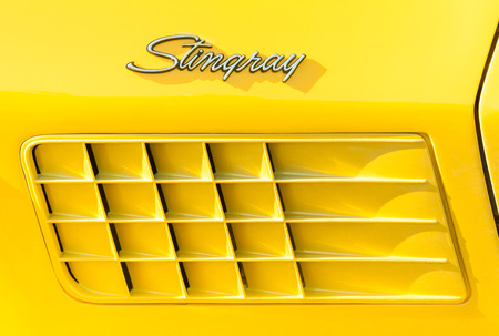 Rushmoor, UK - March 25, 2016: Vehicle badge closeup of a Corvette Stingray muscle car.のeditorial素材