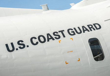 Farnborough, UK - July 15, 2016: Fuselage closeup of a maritime patrol aircraft operated by the US Coast Guard.のeditorial素材