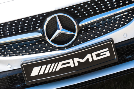 Laverstoke, Hampshire, UK - August 25, 2016: Manufacturer nameplate and grille on a luxury Mercedes AMG at the CarFest motoring event in Laverstoke, UKのeditorial素材