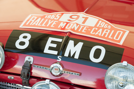 Laverstoke, Hampshire, UK - August 25, 2016: Vintage Mini Cooper S rally car still races motorsport events over 50 years since competing in the 1965 Rallye Monte-Carloのeditorial素材
