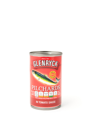 Yateley, UK - February 6, 2017: Can of Glenryck canned Pilchards on a white background. Pilchards are related to Herring and Sardines and sourced mainly from the South Atlantic Ocean, but are found in other Oceans. They are a good source of dietry omega-3のeditorial素材