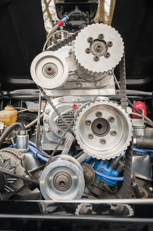 engine bay and supercharger on a high performance carの写真素材
