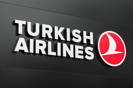 Farnborough, UK - July 20, 2018: Turkish Airlines advertisement billboard on display at an aviation trade event in Farnborough, UKのeditorial素材