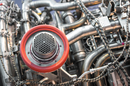 close-up of a heating vent attached to an aviation jet engineの写真素材