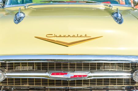 Vintage American Chevrolet front grille closeup at a meeting of classic vehicles in Rushmoor, UK - April 19, 2019のeditorial素材