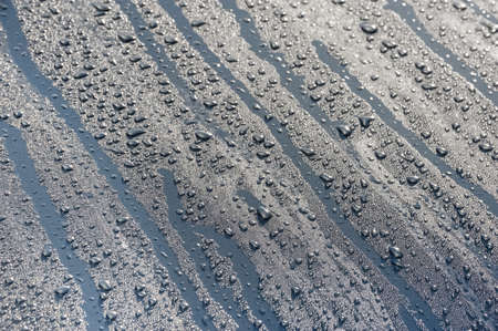 raindrops on a metallic vehicle hood under a blue sky