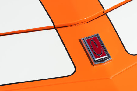 Closeup of a vintage Chevrolet Camaro hood badge in Rushmoor, UK on April 15, 2022のeditorial素材