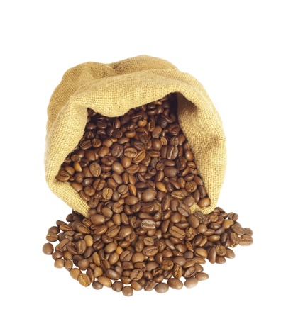 Coffee beans in canvas sack isolated on white backgoundの写真素材