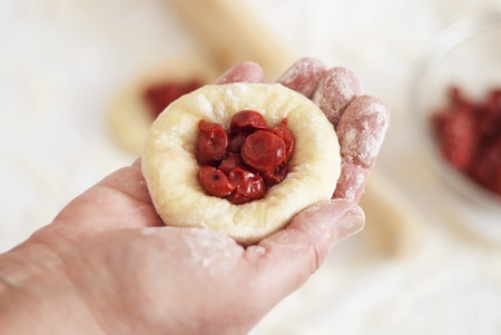 Making cherry bunの写真素材