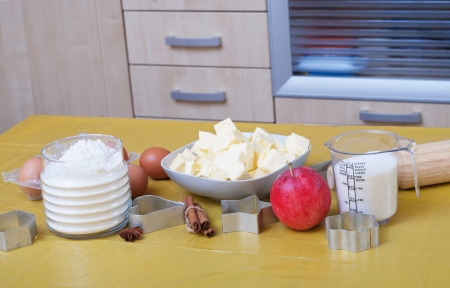 Ingredient for baking cookies on the kitchenの写真素材