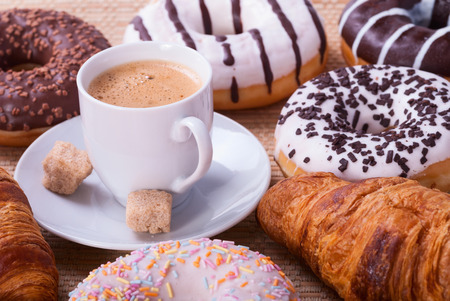 Breakfast with coffee  donats and croissantsの写真素材