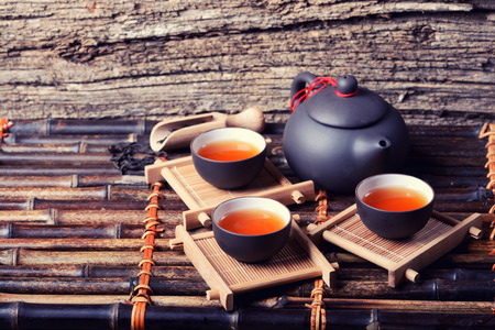 Asian tea set on bamboo background