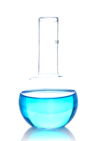 Chemical laboratory flask with blue liquid isolated on whiteの写真素材
