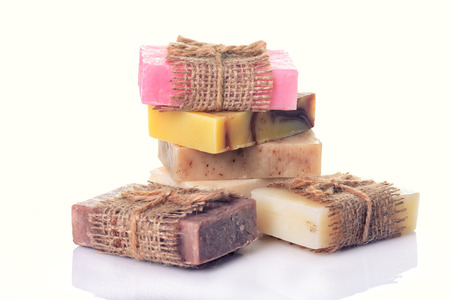 Collection of handmade soap isolated on white backgroundの写真素材