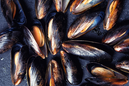Texture of mussels on black stone backgroundの写真素材