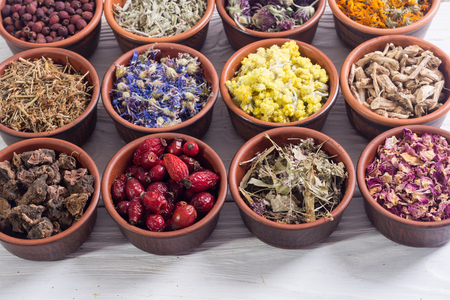 Nature medicine . Mix of herbs in bowlの写真素材
