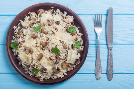 Traditional Italian risotto with rice , mushroom and parmesanの写真素材