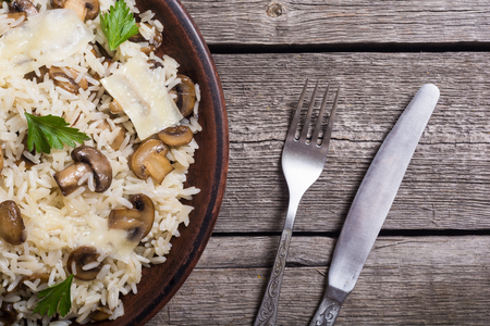 Traditional Italian risotto with rice , mushroom and parmesanの写真素材