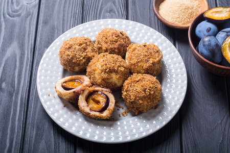 Traditional Austrian plum dumplings . Sweet homemade dessertの写真素材