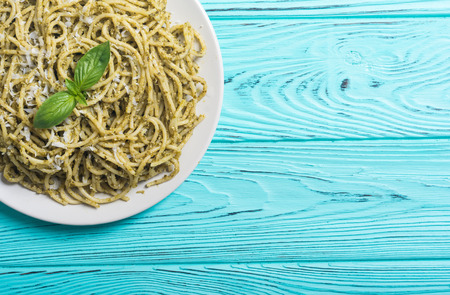 Pasta spaghetti with sauce pesto . Italian food backgroundの写真素材